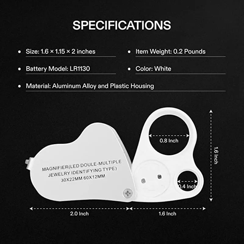 30x/60x Illuminated Jeweler's Loupe Magnifier Foldable with Bright LED Light for Gems, Jewelry, Coins & Stamps