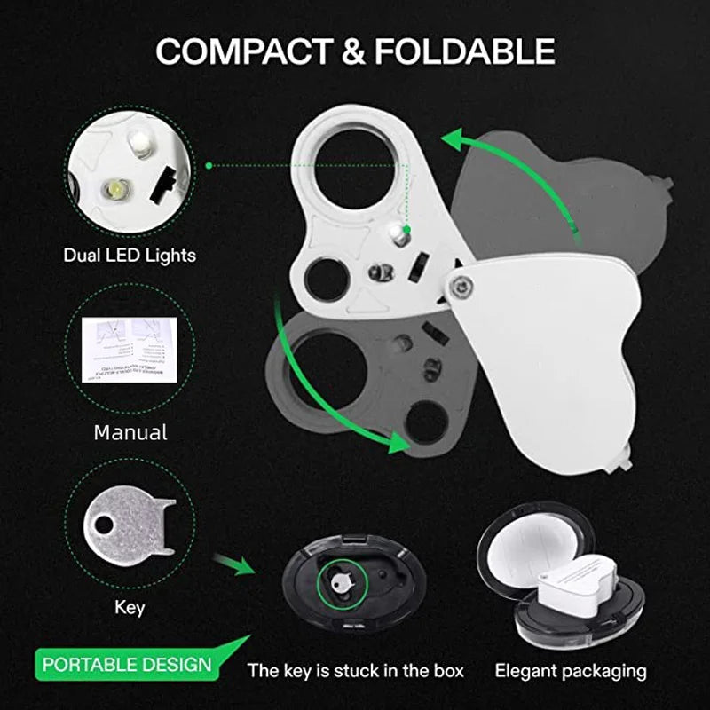 30x/60x Illuminated Jeweler's Loupe Magnifier Foldable with Bright LED Light for Gems, Jewelry, Coins & Stamps